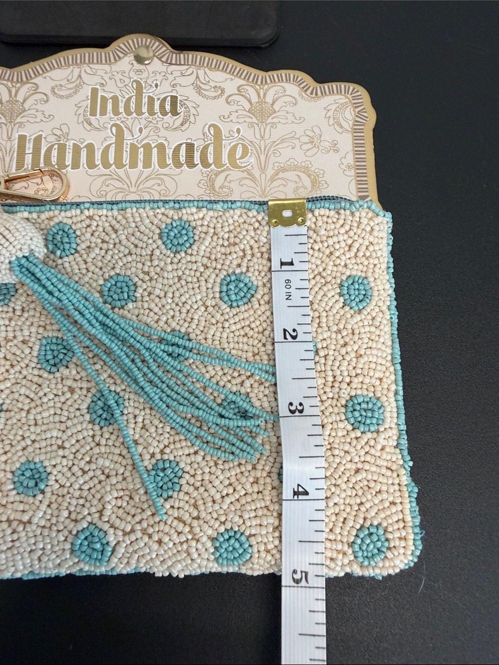 India Handmade | Cream Beaded Wristlet/Wallet w/ Turquoise Polka Dots - Picture 9 of 9